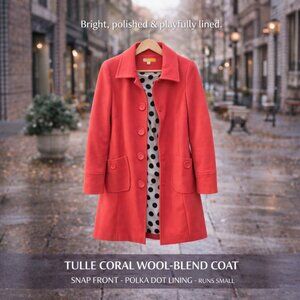 Tulle Coral Wool Blend Coat Polka Dot Lining Snap Front Size L (Fits M)